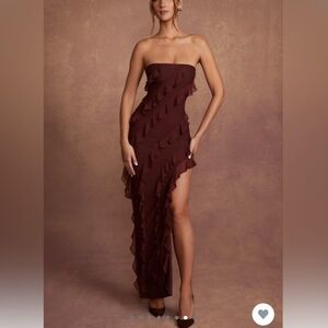 Nevali Bandeau Ruffle Detail Maxi Dress in Brown